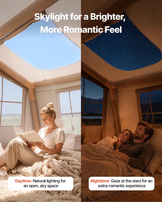 VEVOR Opblaasbare Glampingtent, Luchttent voor 3-5 Personen met Pomp, Beige, voor Buitenactiviteiten, Waterafstotend 420D Oxford-Stof, Dakraam, Opening voor Kachelpijp, Gaasraam & Draagtas — afbeelding 4