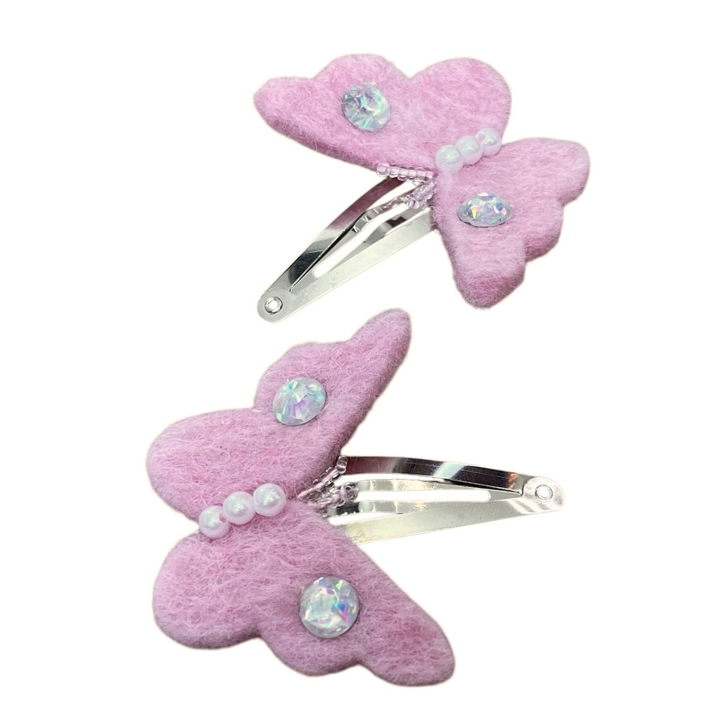 Luna-Leena duurzame haarspeldjes vlinder l roze (set) - L5cm - wol vilt - klik klak speld zilver - handgemaakt in Nepal - butterfly hair clips - haar accessoires - cadeau - feest - verjaardag - sieraad - dieren speldjes