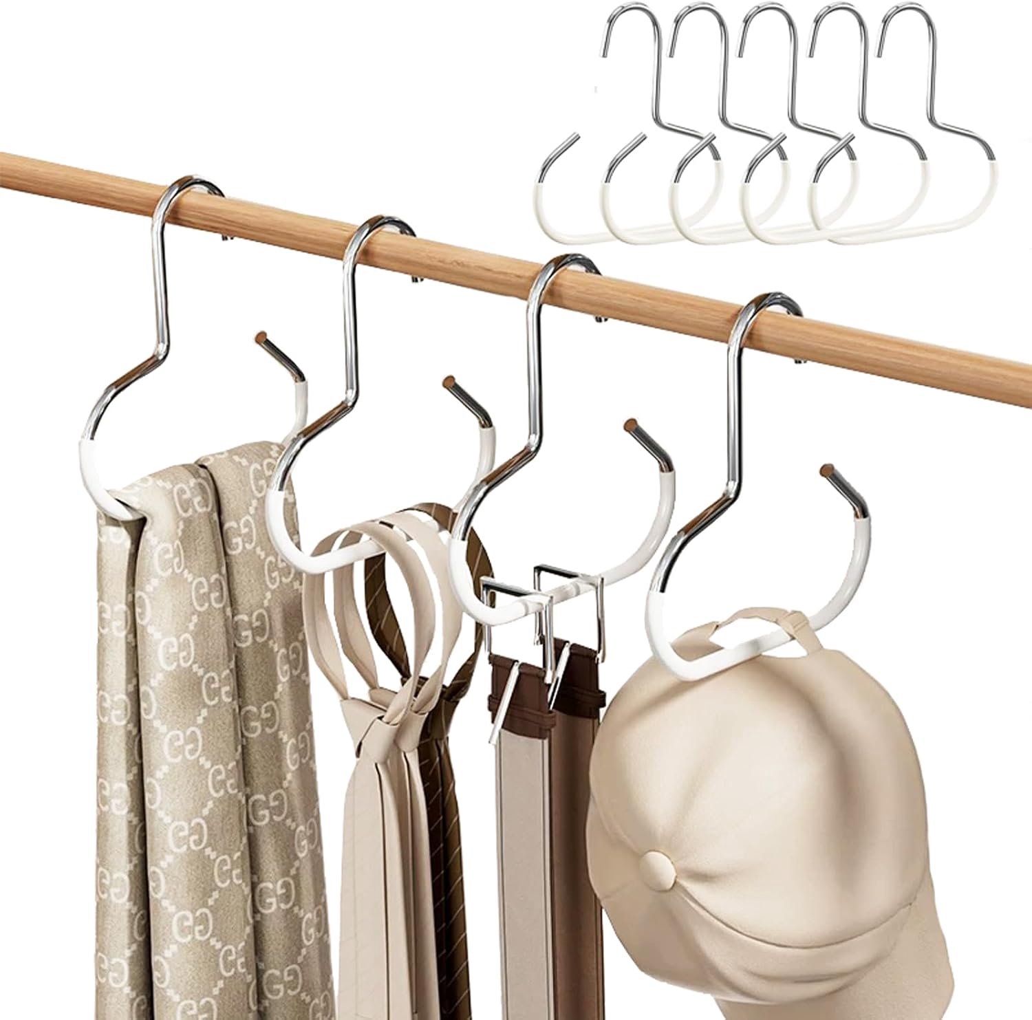 Riemhouder voor kledingkast - Organizer voor sjaals stropdassen - Ophanghaak voor handtassen - Ruimtebesparend garderobe accessoire - Metalen haken met kunststof - Direct aan kledingroede hangen - Zilver - Set van 5 stuks