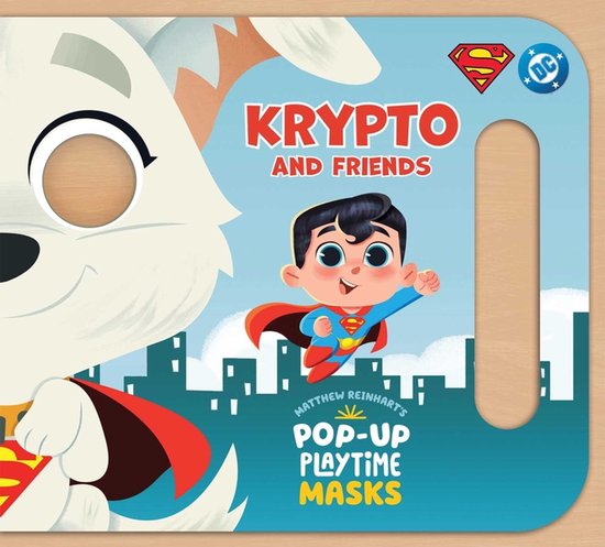 Krypto en Friends pop-up maskerboek met een vliegende Superman en Krypto-illustratie op een blauwe achtergrond.