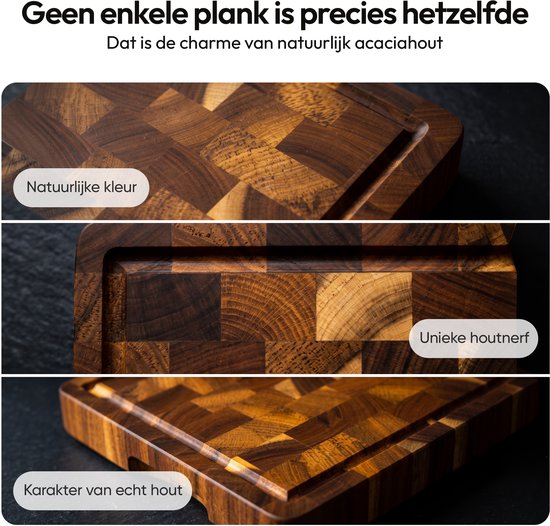 Aviro Professionele Snijplank - Acacia Hout - Sapgeul & Handvaten - Anti-Slip Borrelplank - 38x26x3.5 cm - PFAS-vrij - Hakblok Kopshout — cadeau in Kookcadeaus - foto 2