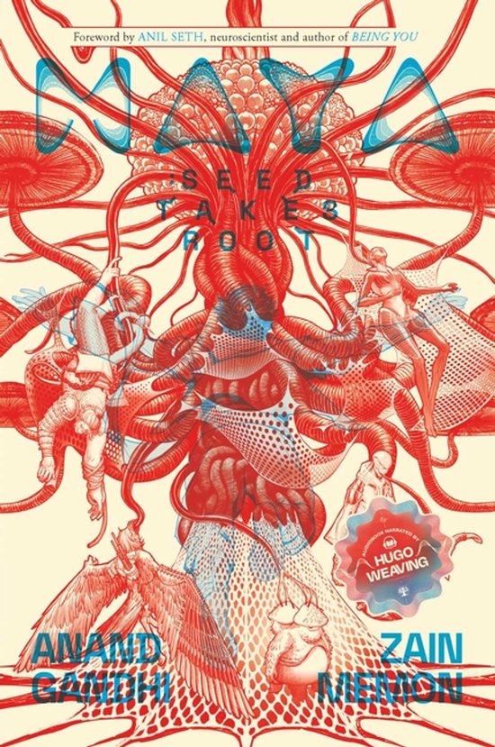 Boekomslag Maya: Seed Takes Root met surrealistische rode organische vormen, menselijke figuren en blauwe tekst.