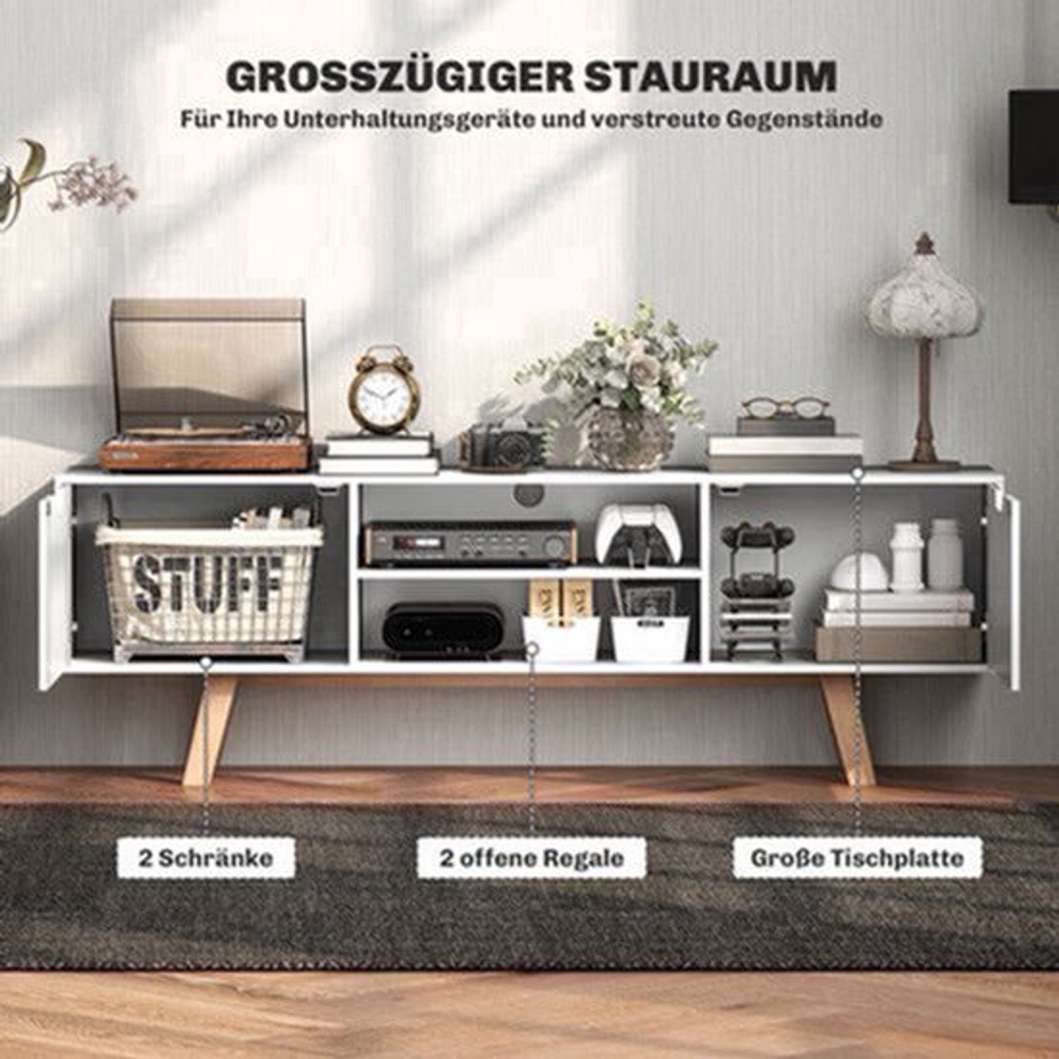 TV-kast – Tv-meubel – Lowboard – Mediameubel – Wandmeubel – Wit – Geschikt voor tv tot 65 inch – Kabelmanagement en ruime opbergladen