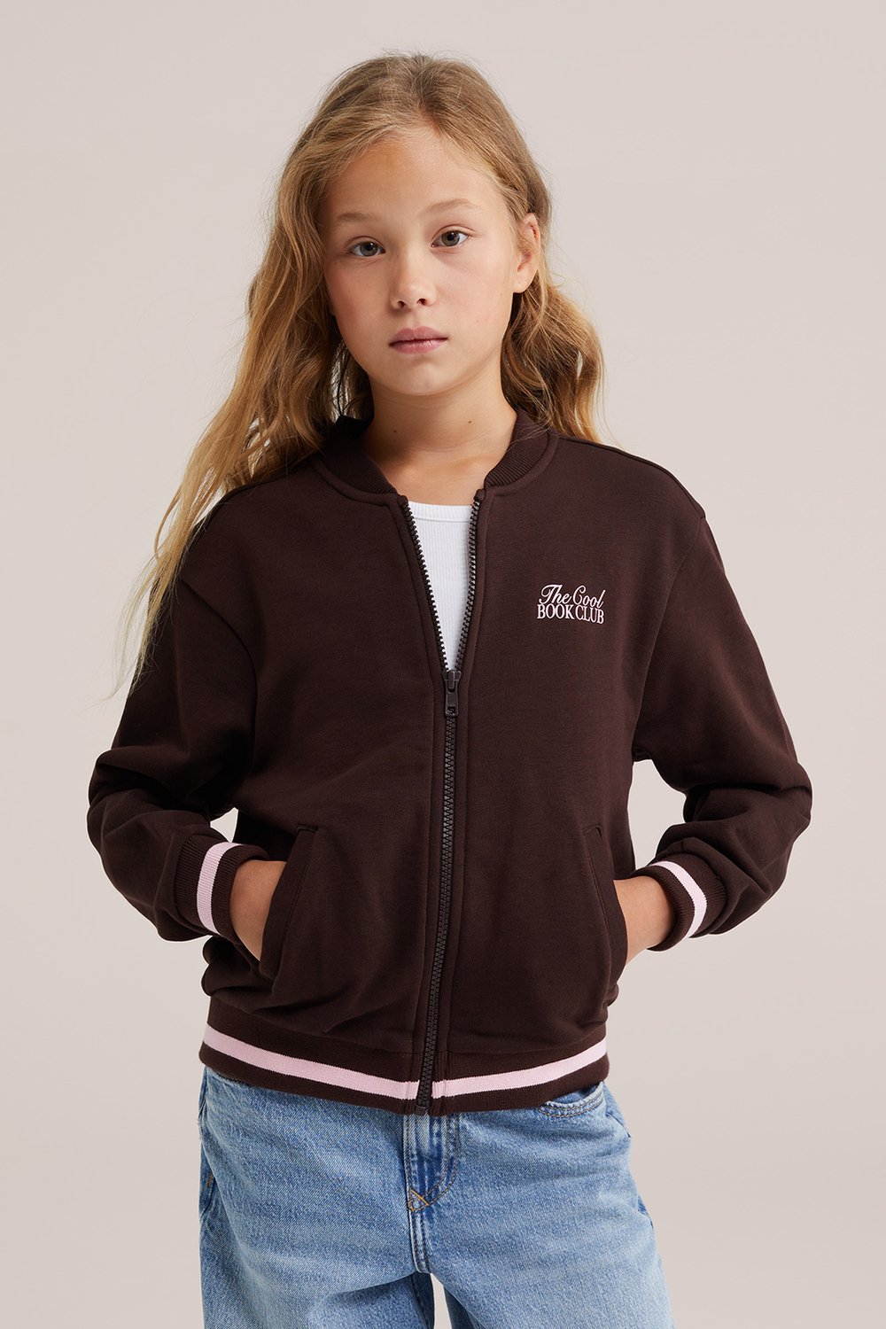 WE Fashion Meisjes oversized bomber van sweatstof met print
