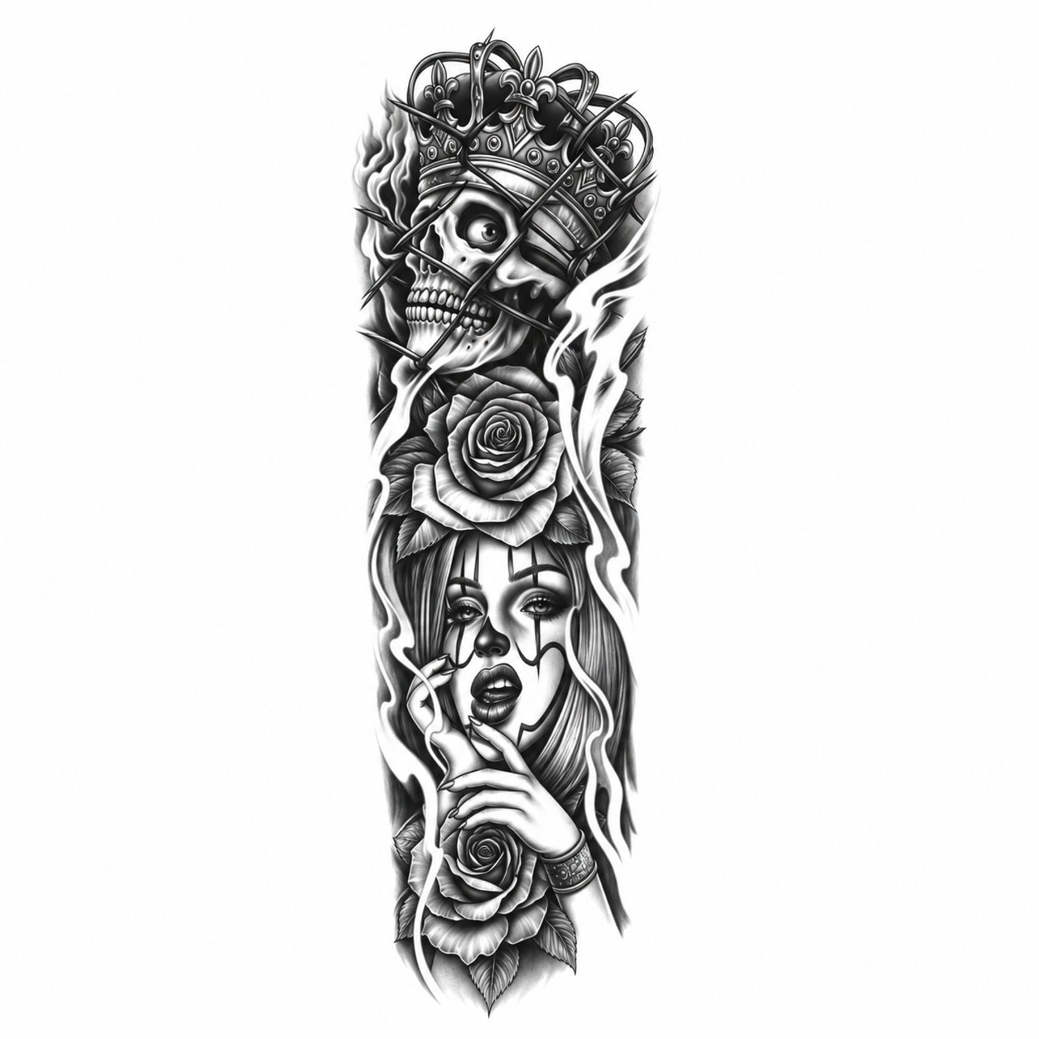 INKC - Tijdelijke Tattoo - Koningin en Masker Sleeve - Nep Tattoo - Plak Tattoos - Blijft tot 2 weken - 16 x 47cm