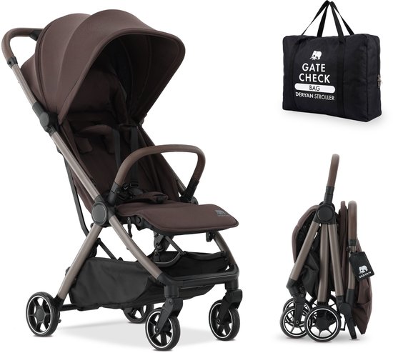 Deryan Air buggy in chocoladebruin met opvouwbaar frame en bijpassende zwarte 'Gate Check' reistas.