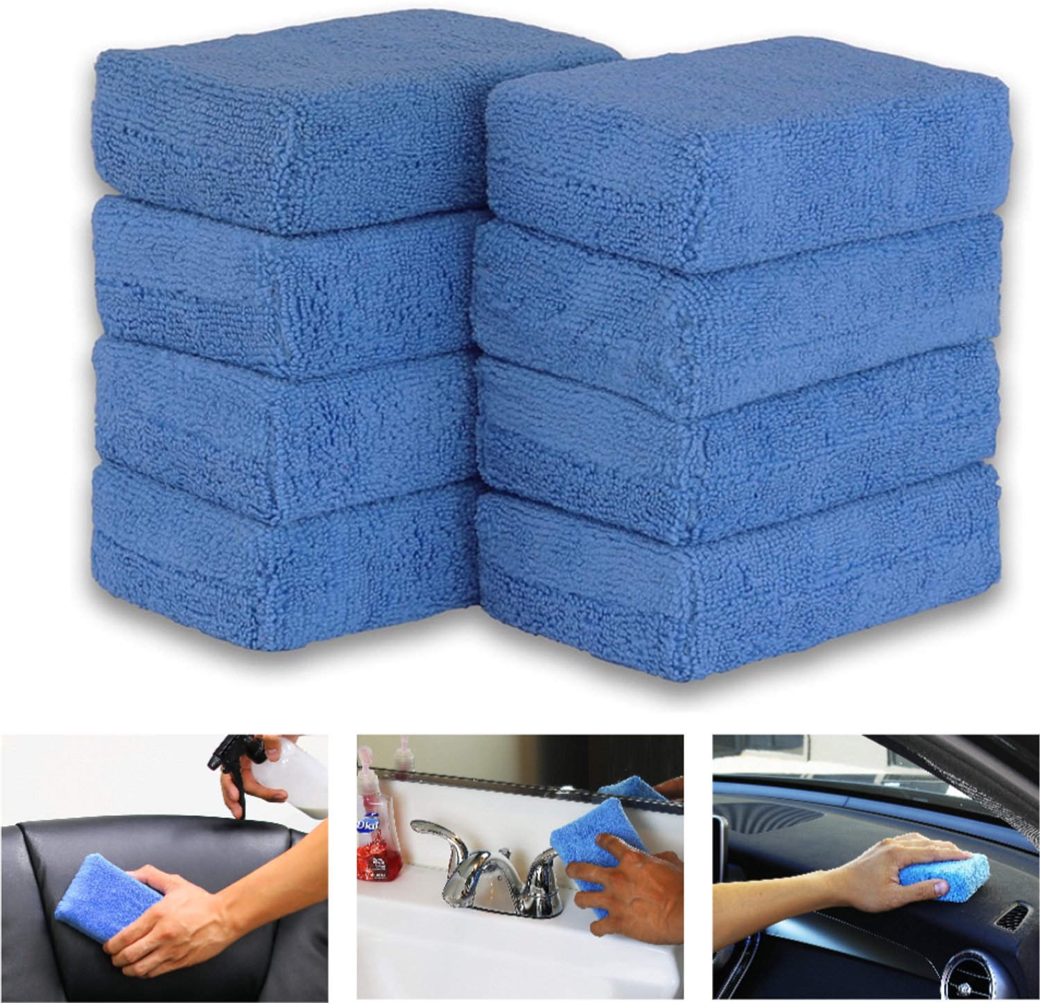Set van 8 – Autospons – Reinigingsspons – Applicatorpad – Microvezel – Rechthoekig – Geschikt voor het wassen, in de was zetten, polijsten, detailleren van de auto (Blauw – 12 x 8 x 4 cm)