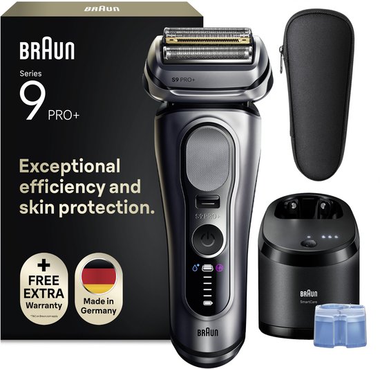 Zilveren Braun Series 9 PRO+ scheerapparaat met SmartCare Center, opbergtas en reinigingsvloeistof in de doos.