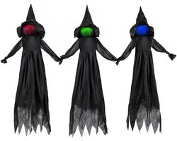KOMFOTTEU Halloween-heksendecoratie – 130 cm, 3-delige set heksenfiguren voor in de grond – Heksen die elkaars hand vasthouden, met verlichte hoofden en kleurrijke ledverlichting – Geschikt voor feestjes, tuin en erf