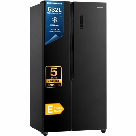 Heinner HSBS-HM532NFGBKE++ Amerikaanse Side-by-Side Koelkast – 532 L – No Frost – Smart Eco Functie – Snel Koelen – Deur-alarm – Zwart Glas – 5 Jaar Garantie