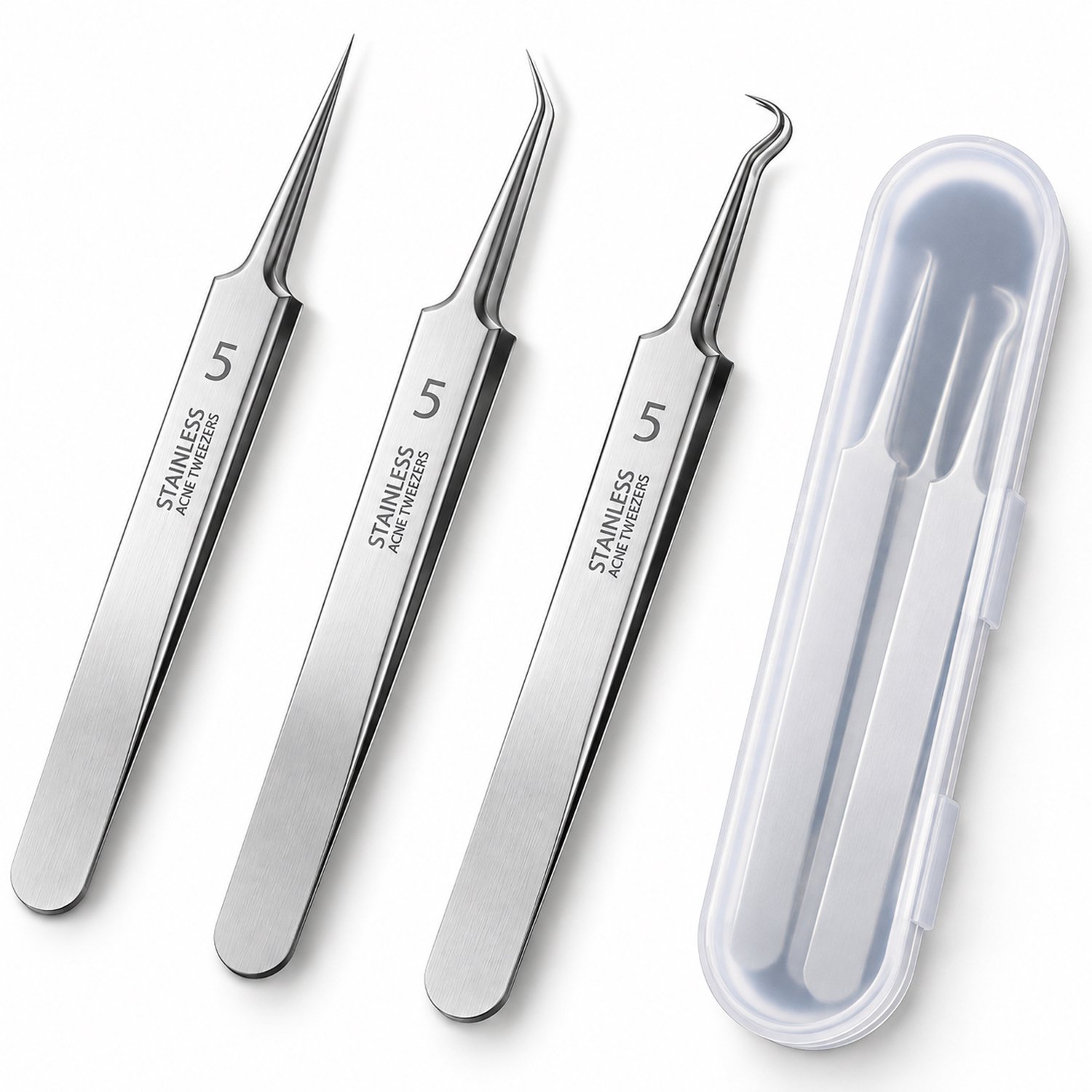 Kaiyaya - 3 stuks ultrafijne pincet set - RVS en corrosiebestendig - met beschermkapjes en opbergdoos - voor mee-eters en puistjes