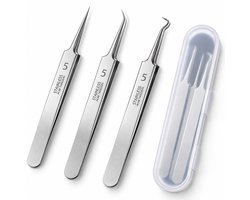 Kaiyaya - 3 stuks ultrafijne pincet set - RVS en corrosiebestendig - met beschermkapjes en opbergdoos - voor mee-eters en puistjes