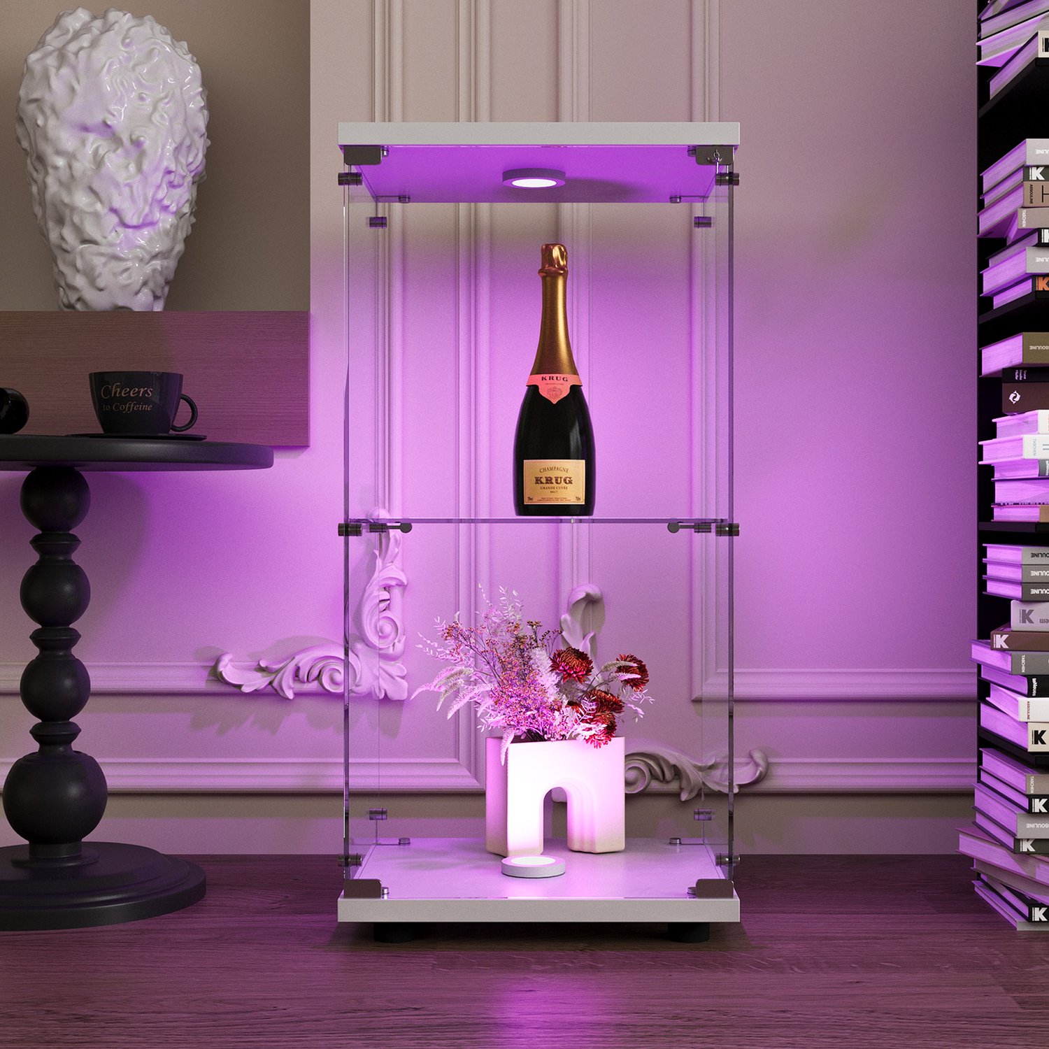 Yelenaro Glazen vitrinekast met led verlichting, Vitrinekast van glas met veiligheidsslot, 1 deur en 2 lagen, Gehard Glas, vitrines, collectiekast, staande glazenkast, 40x36.5x86cm, Wit