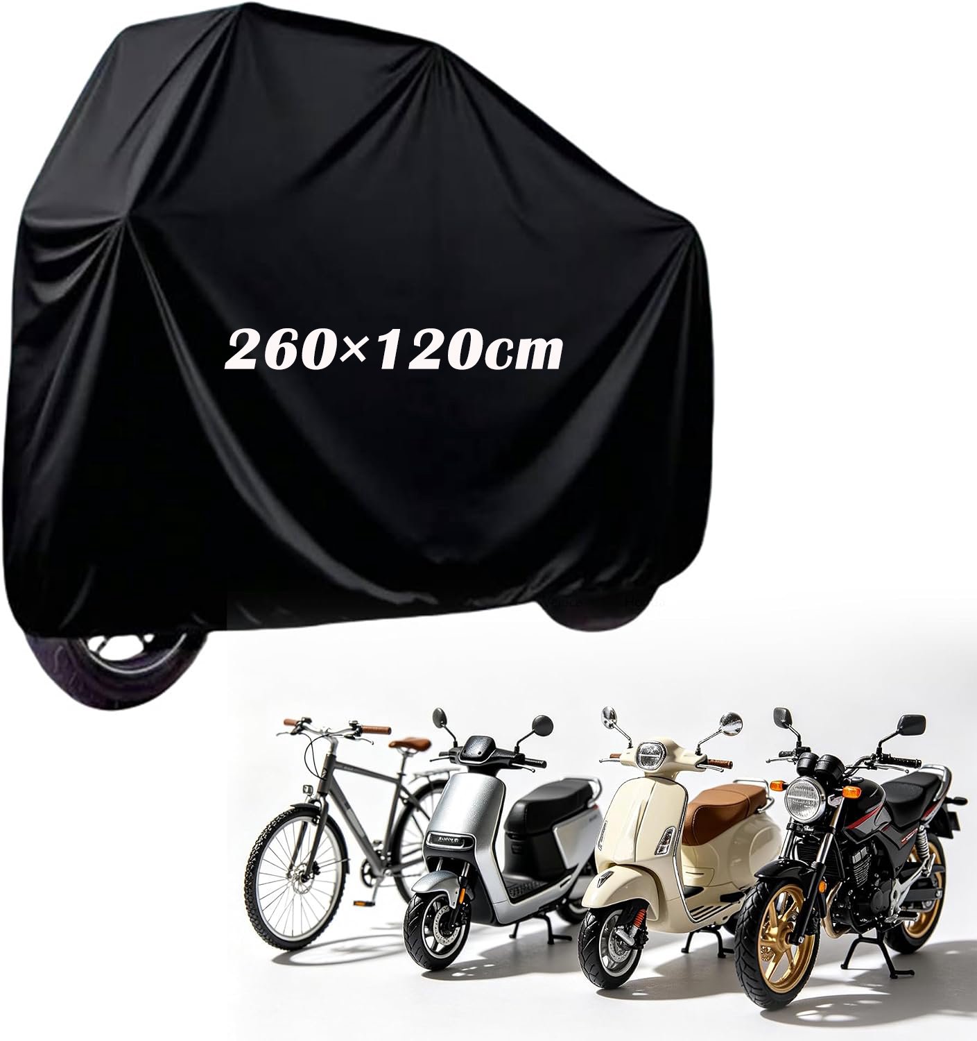 Scooterhoes - 260×120cm - Motorhoes Waterdicht - Zwarte Scooterhoes - UV-Bestendig, Winddicht, Stofdicht en Regenbestendig
