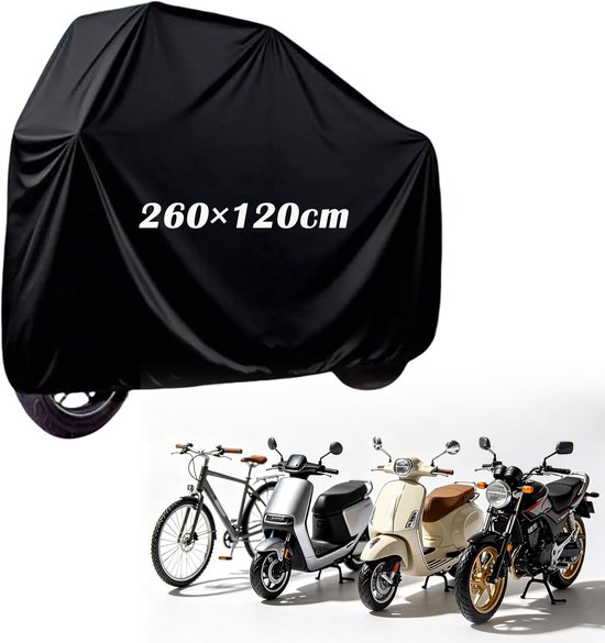 Zwarte hoes van 260x120cm, geschikt voor diverse tweewielers zoals scooters en motoren.