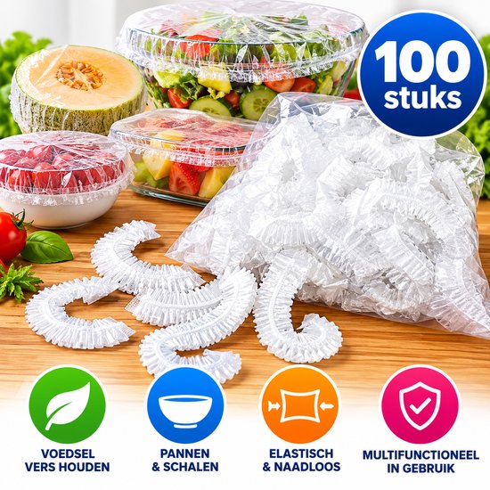 100 couvercles élastiques pour bols, illustrés sur des fruits et salades avec des icônes de fraîcheur et d'usage.