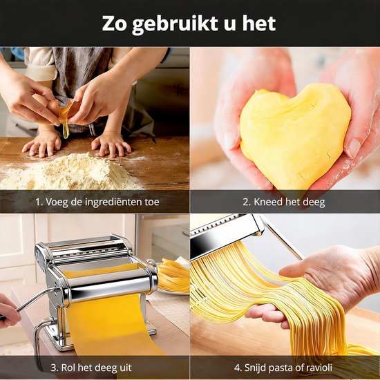 Pastamachine Handmatig – Rolmachine en Pastamaker 150 Model – Met Hendel en Afneembare Snijmodule – Voor Spaghetti, Tagliatelle, Lasagne en Zelfgemaakte Pasta – Zilver — afbeelding 3