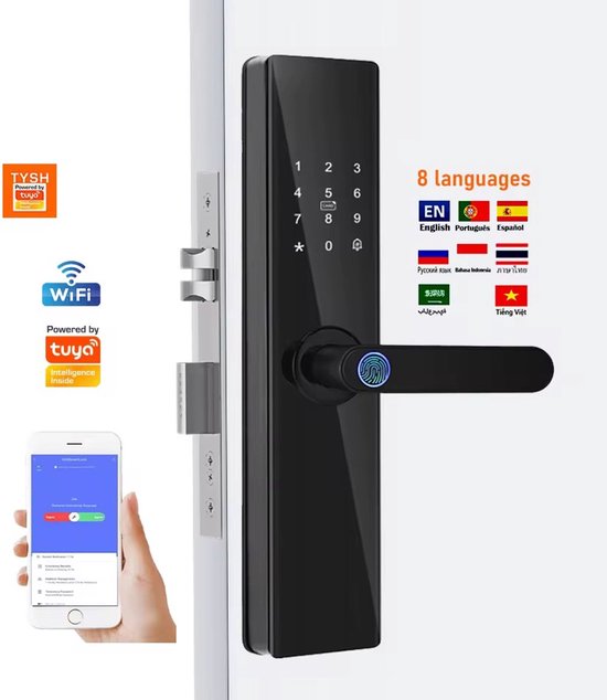 Zwart slim deurslot met ondersteuning voor acht talen, wifi-connectiviteit en Tuya-app-bediening.