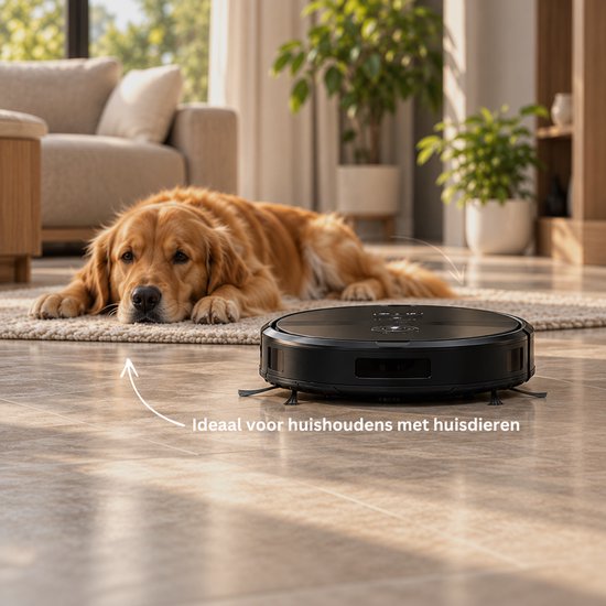 Zwarte robotstofzuiger ideaal voor huishoudens met huisdieren, naast een hond op een tapijt.