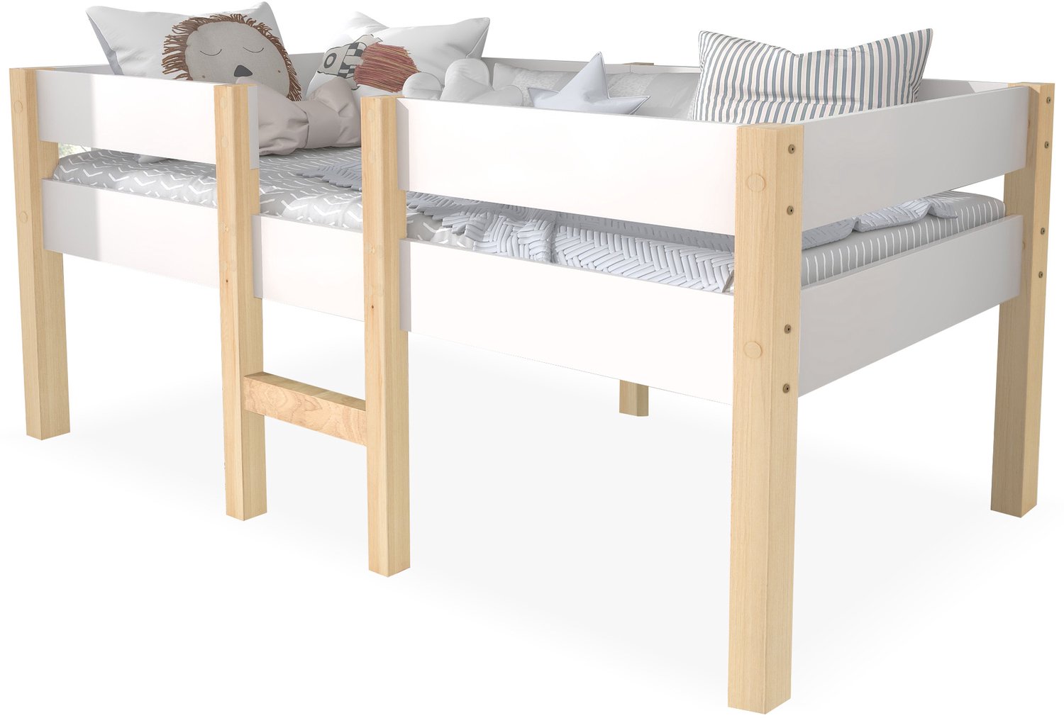 Halfhoog Kinderbed 90x200 cm Met Uitvalbeveiliging - Massief Grenen Met Ladder En Lattenbodem - 44 cm Vrije Ruimte - Wit Met Eikenlook