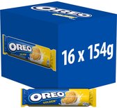 Omdoos van 16 Oreo Golden rollen van 154g met afbeelding van een vanillekoekje en melk.
