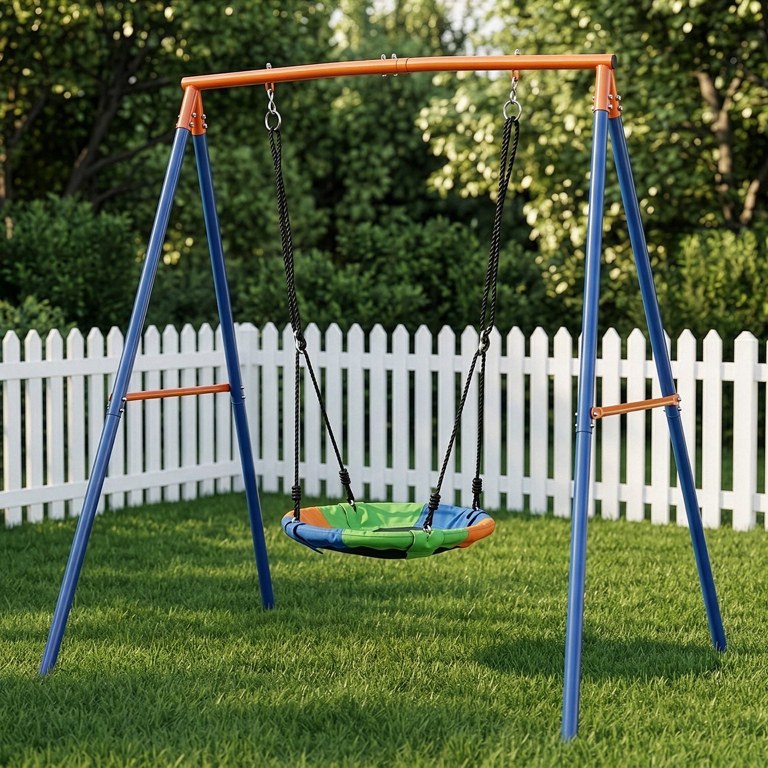 LEADZM - Schommelstation met ronde vogelnest-schommel O60 cm voor kind, 130 x 170 x 180 cm, blauw en oranje