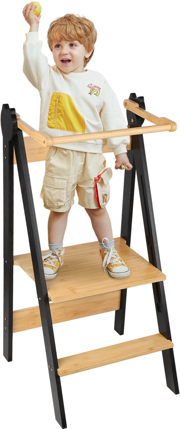 PIPIPOXER leertoren -Inklapbaar- Learning Tower -Montessori Leertoren-Keukentoren, Kindertrap, Tekenbord - Speeltafel - Kinder trapje - Bamboe - Zwart