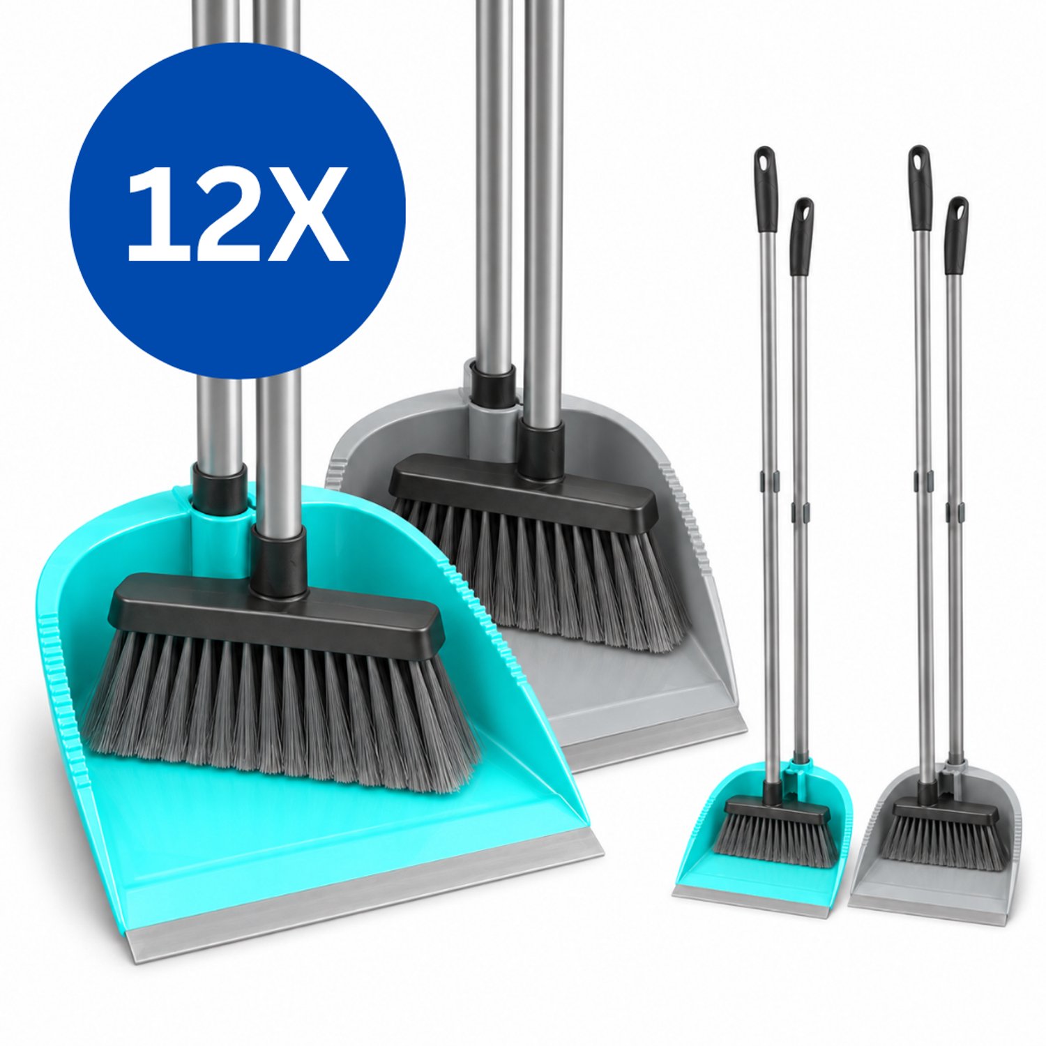 HL - Stoffer en Blik met Steel - Stofblik op Steel - Set van 12 stuks - Lobbyset met Bezem - 6 Turquoise en 6 Grijs