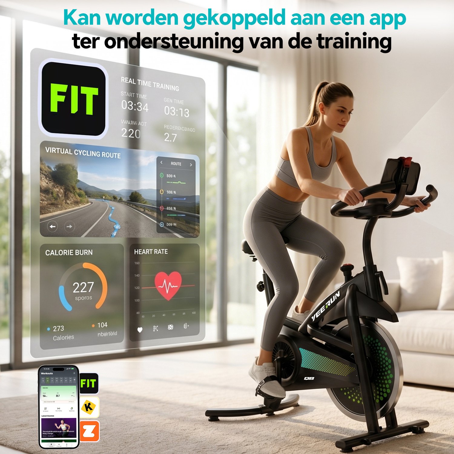 YEE RUN Hometrainer - 0-100% Verstelbare Weerstand Hometrainer Fiets - Hartslagmeting - App-compatibel - Verstelbaar Stuur en Zadel - Max. Belasting 150 kg - LCD Display - Fitness Fiets - Spinningfiets - Hometrainer Fitness thumbnail 4