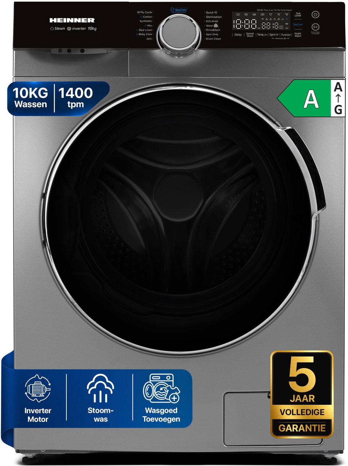 Heinner HWM-M1014IVKSA++ Wasmachine 10 kg – Inverter Motor – 1400 tpm – 14 Programma’s – Stoomfunctie – Energieklasse A – Touchbediening – Zilver – 5 Jaar Garantie