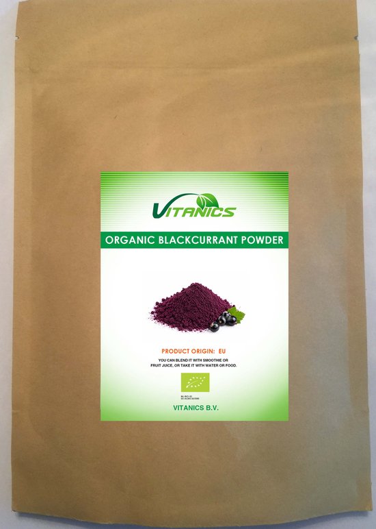 Bruine zak met Vitanics biologisch zwarte bessenpoeder, met een afbeelding van een hoopje paars poeder met zwarte bessen ernaast. Productorigin: EU.