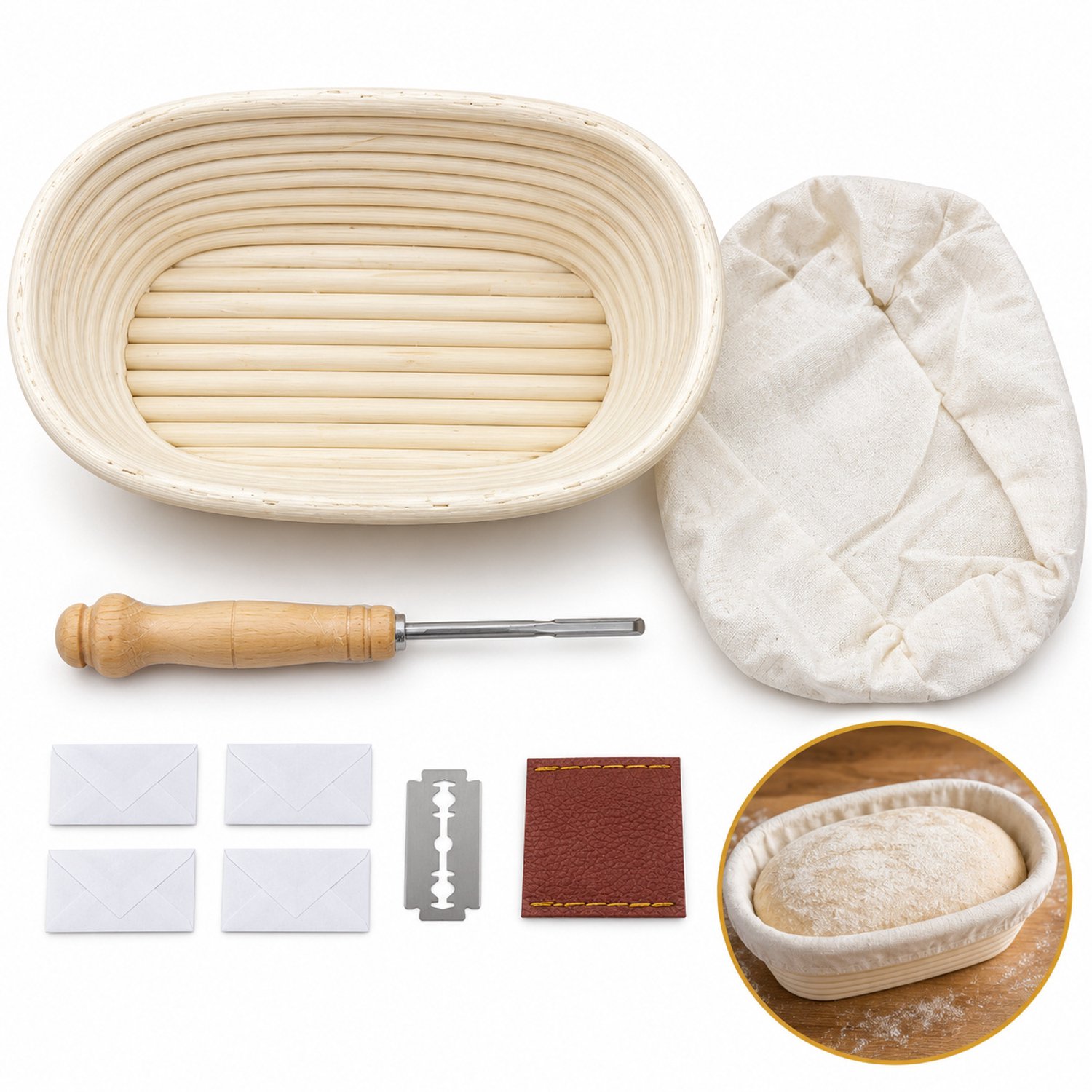 DIVERZA Rijsmand – Ovale rotan set – Met katoenen voering en deegmes – Banneton voor brood – 25 × 15 × 8 cm naturel