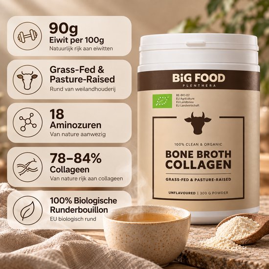 Biologisch bottenbouillon collageen poeder, grasgevoerd en weidegehouden rund. Met 90g eiwit, 18 aminozuren, 78-84% collageen.