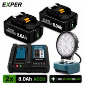 EXPER 18V Accu geschikt voor Makita - 2 Stuks - snellader LXT DC18RD + 18V Accu Led Bouwlamp - 18V 8.0Ah Batterij - Vervangende Accu - 8000mAh - Li-ion Accu - LED Display - Accuboormachine - 18V BL1830B BL1860B BL1840B BL1815 LXT-400 BL1850B