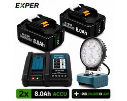 EXPER 18V Accu geschikt voor Makita - 2 Stuks - snellader LXT DC18RD + 18V Accu Led Bouwlamp - 18V 8.0Ah Batterij - Vervangende Accu - 8000mAh - Li-ion Accu - LED Display - Accuboormachine - 18V BL1830B BL1860B BL1840B BL1815 LXT-400 BL1850B