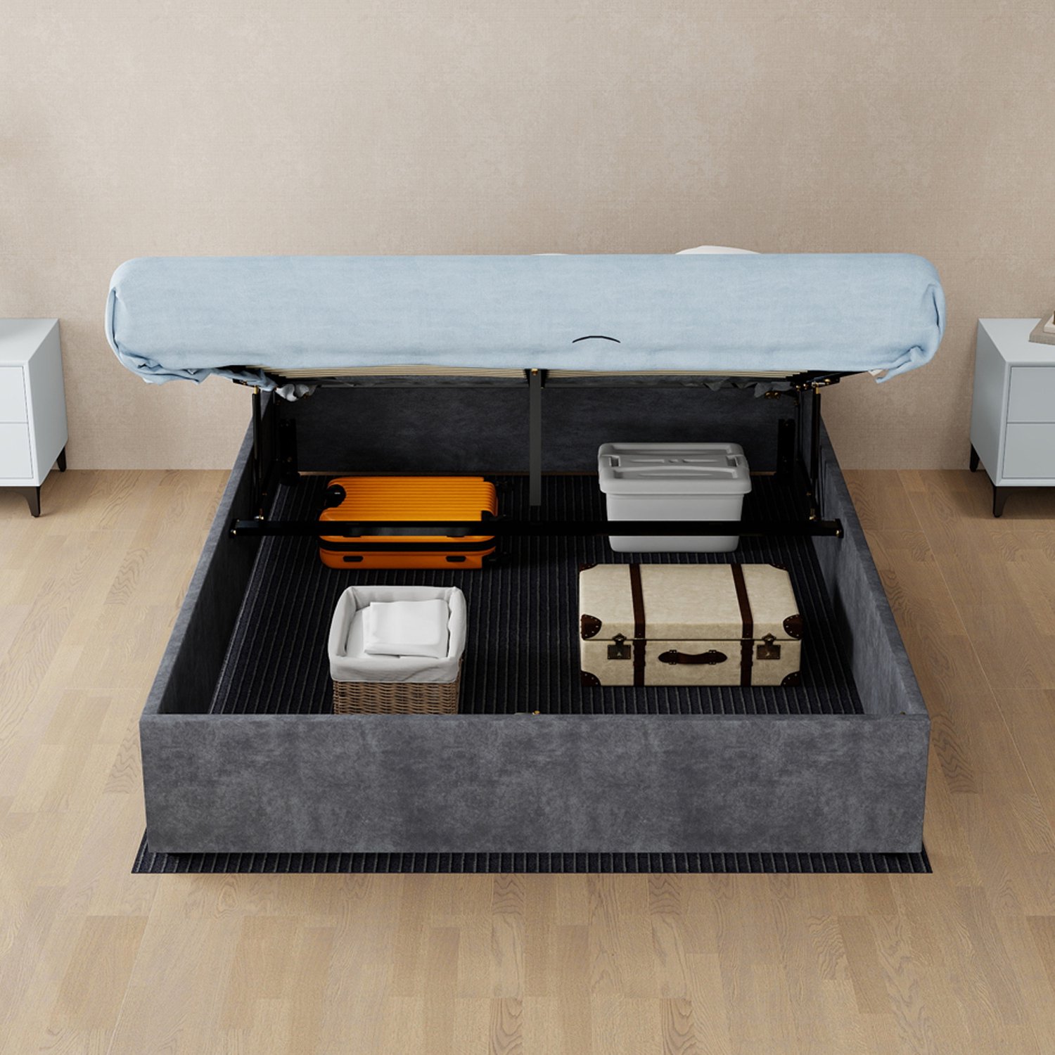 CHICFURN Bedframe 140 x 200 cm - gaslift - opbergruimte - grijs