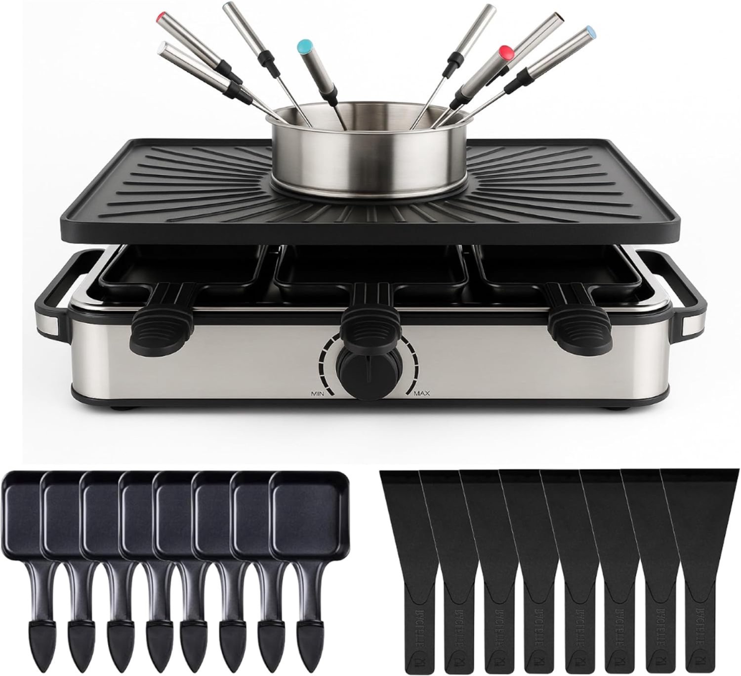 SNJY® Gourmetstel - Gourmetplaat - Gourmet Elektrisch - Met Fondueset - 8 Personen - 1400 W - Zwart/Zilver