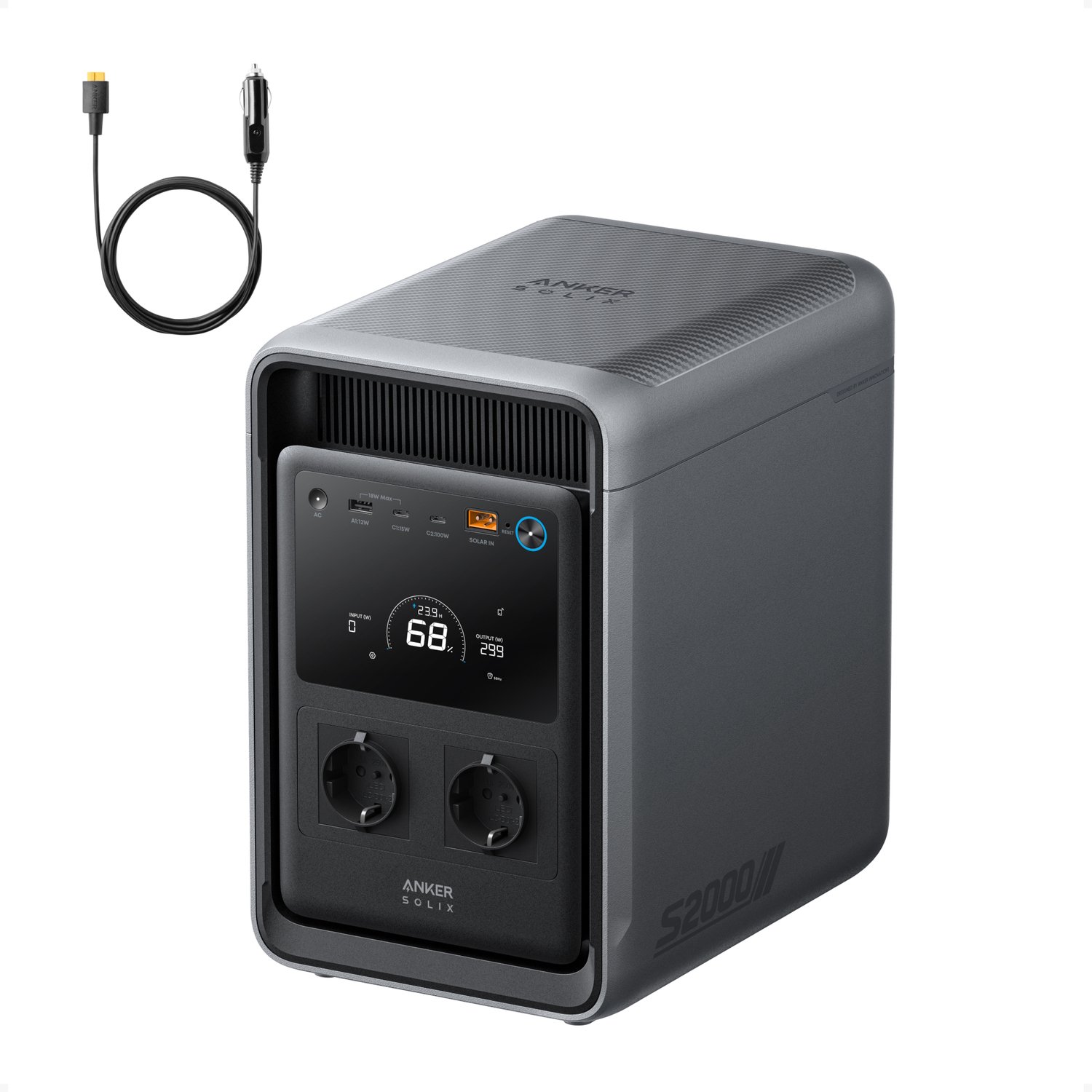 Anker SOLIX S2000 draagbaar powerstation met autolaadkabel - Draagbaar powerstation met 2010Wh LiFePO4-batterij - 1500W continu vermogen - 3000W piekvermogen - UPS <10ms en autolaadkabel