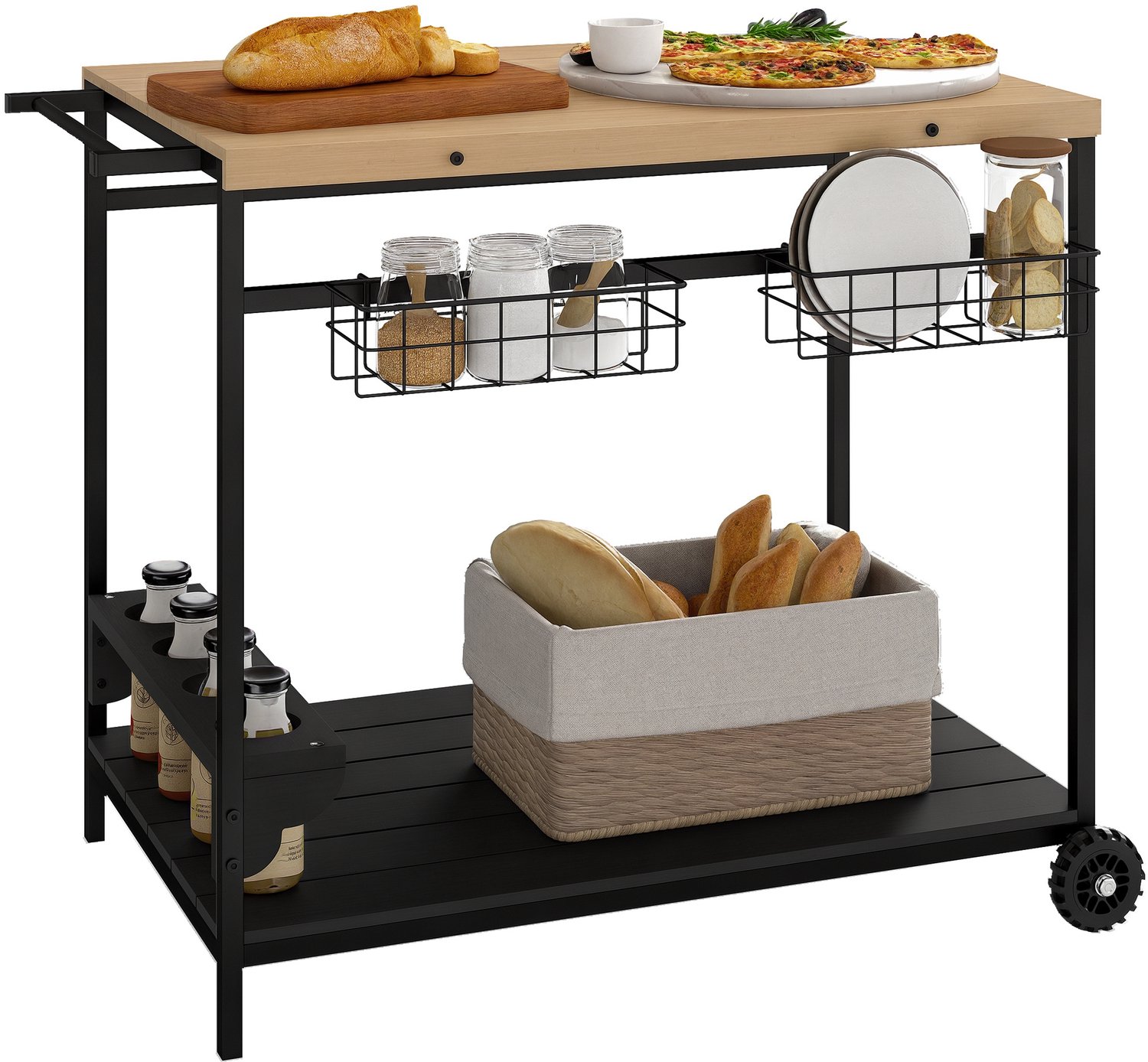 Outsunny Serveerwagen - Staal - 97,5x65x81cm - Natuurlijk Hout