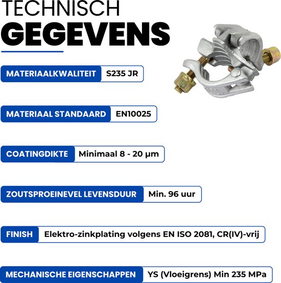 Technische gegevens en materiaalspecificaties van de GeZu-steigerkoppeling.