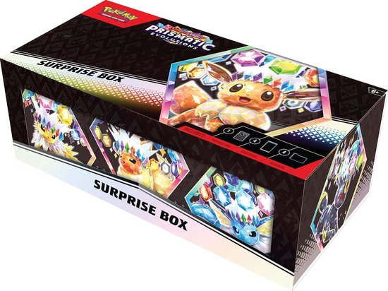 Boîte Surprise Pokémon TCG : Prismatic Evolutions avec Eevee bondissant au milieu de gemmes scintillantes. Les côtés montrent des évolutions d'Evoli et "SURPRISE BOX".