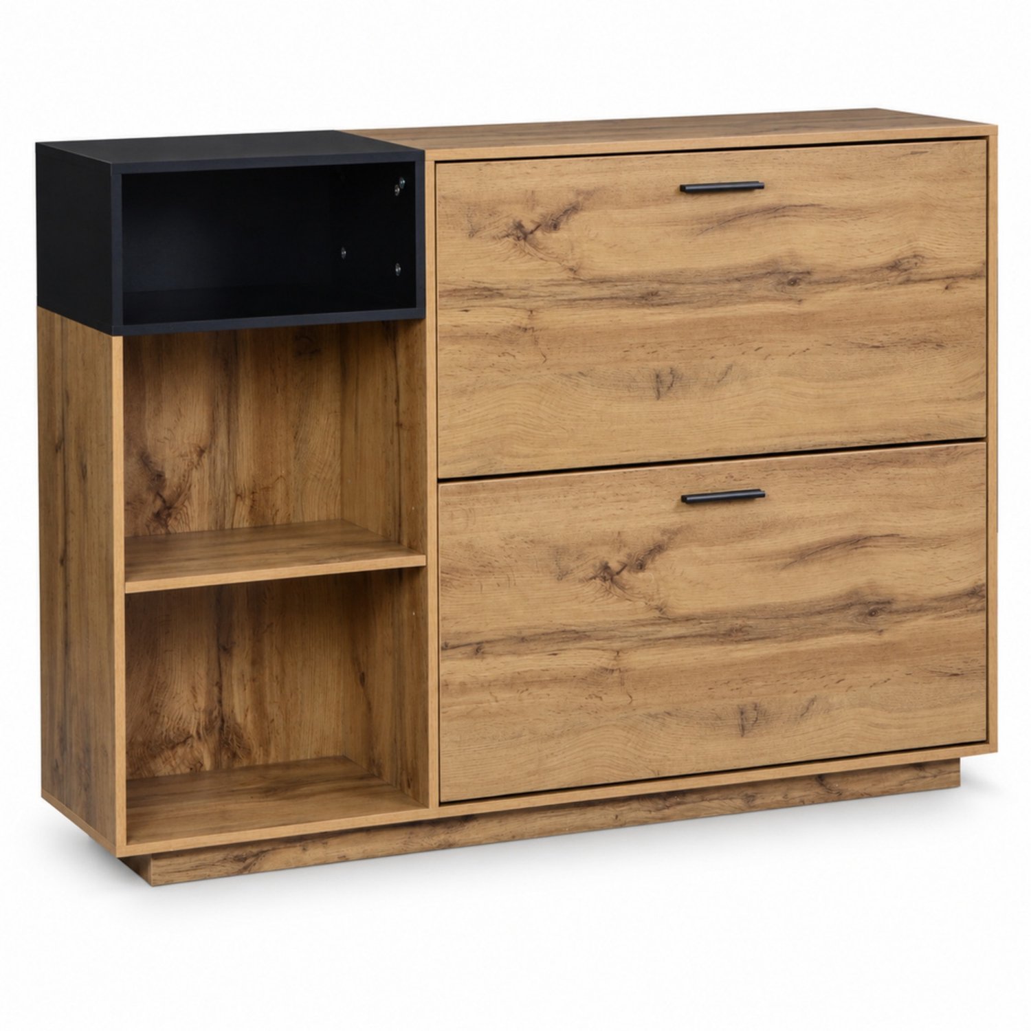 LONG DRAGON – Schoenenkast – Uitneembare tussenschotten, 2 kleppen en 3 open vakken – Naturel – 120 × 32 × 84,5 cm