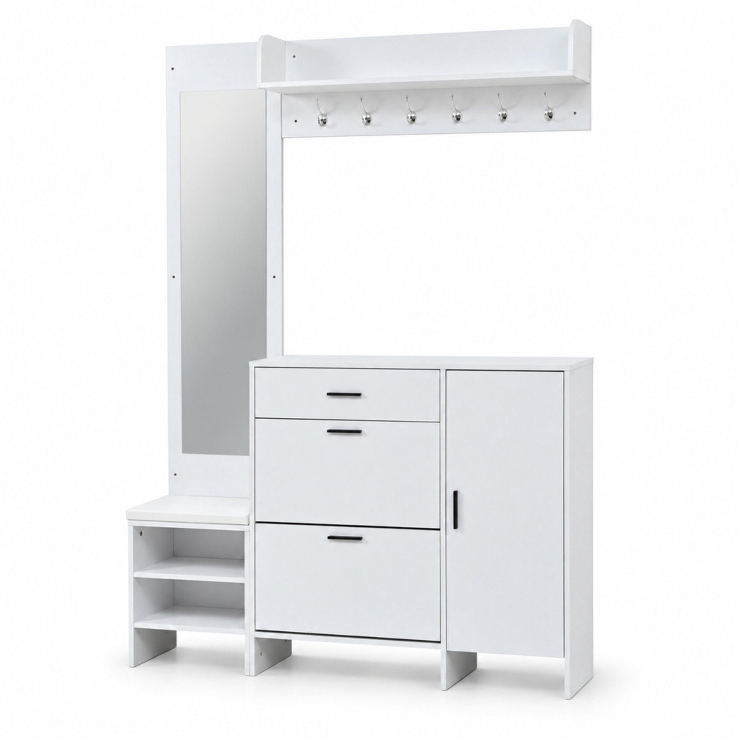 LONG DRAGON – Schoenenkast – Zitkussen en spiegel, 6 haken en 2 kleppen – Wit – 140 × 30 × 200 cm