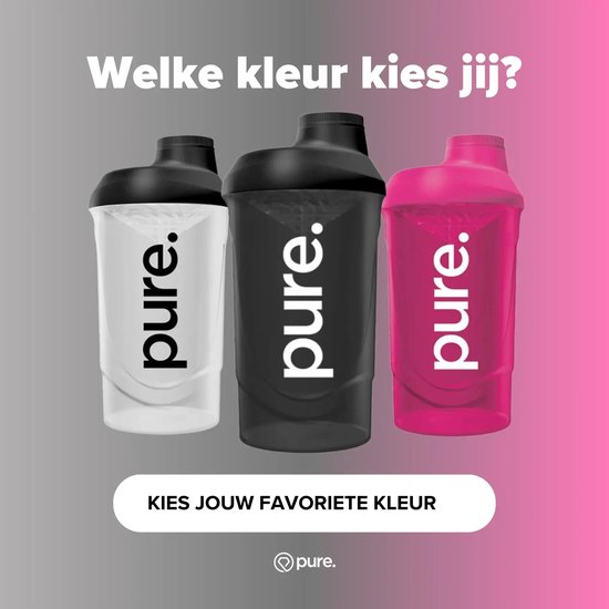 Drie 'pure.' shakebekers in wit, zwart en roze met tekst: Welke kleur kies jij?