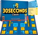 30 Seconds Classic doos met spelbord, zandloper en kaarten met bekende begrippen.