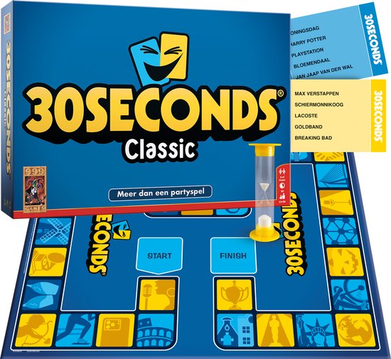 30 Seconds Classic doos met spelbord, zandloper en kaarten met bekende begrippen.