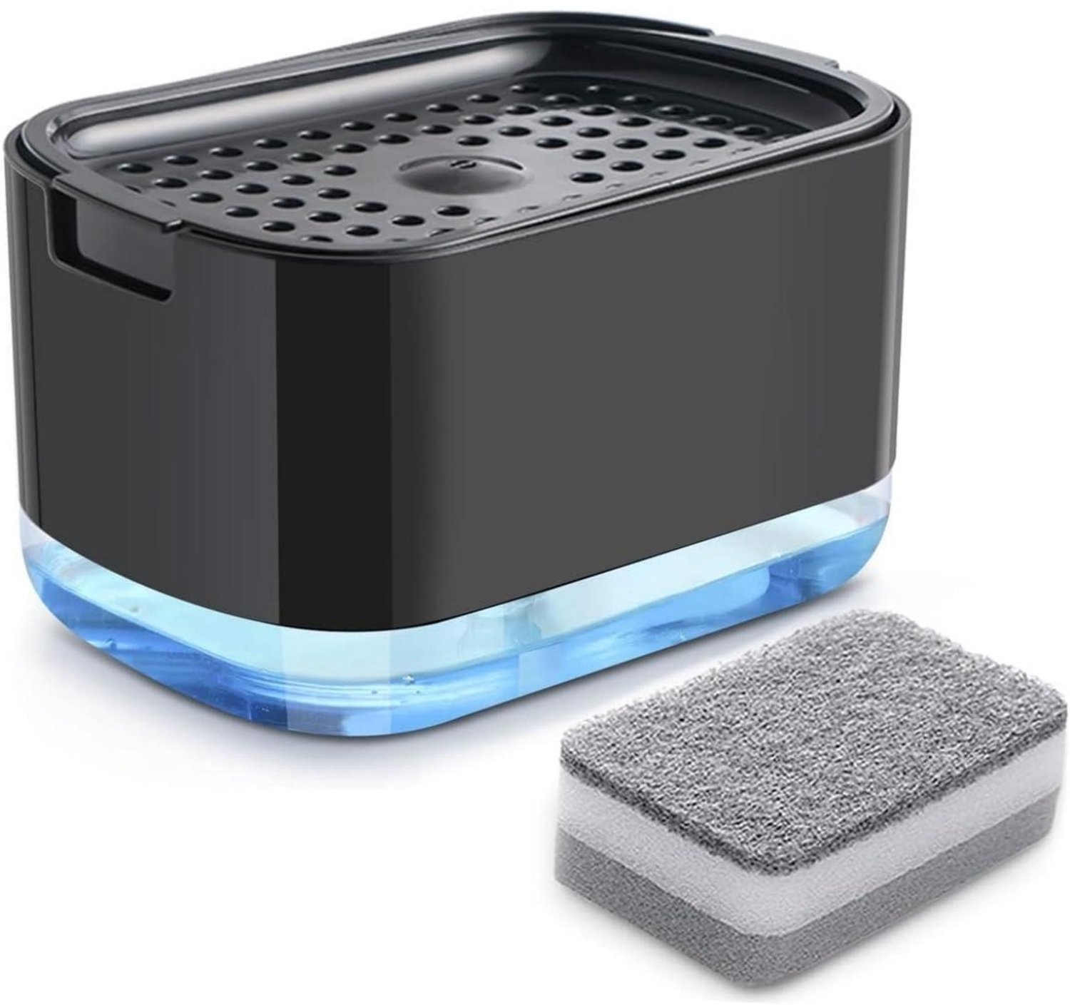 SSTRWGOOD Keukenafwasmiddeldispenser - 2-in-1 zeepdispenser - Met sponshouder - Navulbaar - Inclusief afwasspons - Geschikt voor keukenspoelbakken - Zwart - 14,5 × 10 × 8,6 cm