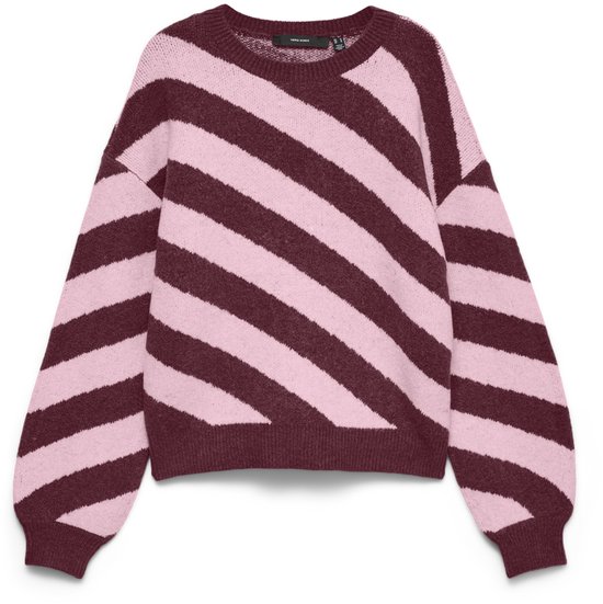 Gebreide trui van Vero Moda met bordeauxrode en roze diagonale strepen, ronde hals en lange mouwen.