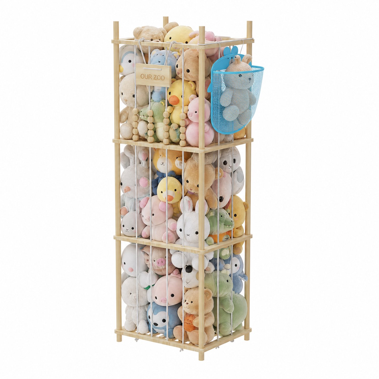 PIPIPOXER Knuffelopbergrek - Houten hoekstandaard - teddyberen en pluchen - kinderkamer en Babykamer opberg - 50 x 40 x 145 cm - Houtkleur