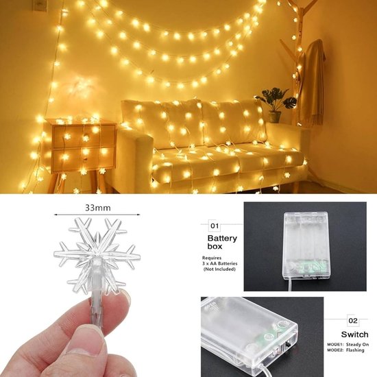 Sneeuwvlok LED Slingerlamp - 6m 40 Lampjes Warm Wit | Batterij gevoed(exclusief batterijen) | 2 Lichtstanden continu & knipperend, Kerst Feestdecoratie Binnen en Buiten- Sfeervolle decoratie binnenshuis — cadeau in Wonen & Interieur - foto 2